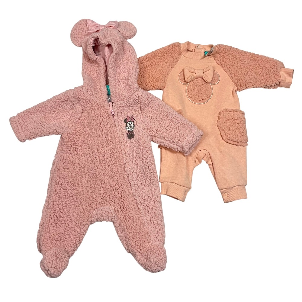 Disney Baby Minnie Mouse Pink Sherpa Fleece Hooded Footed Jumpsuit -‎ SizeNB